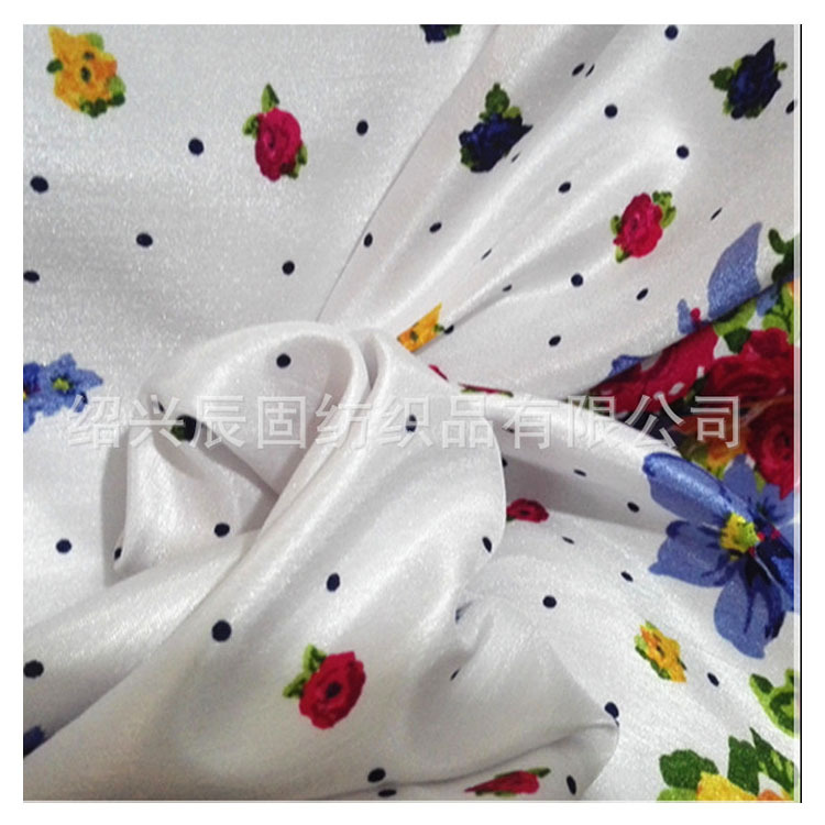 厂家现货 印花女装服装用布　全涤空变竹节色丁缎 印花竹节色丁布