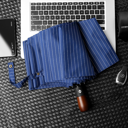 Fully automatic solid wood handle umbrella ten-bone windproof umbrella three-fold fair or rainy folding umbrella men's high-end business advertising umbrella
