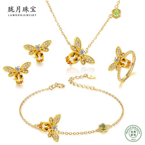 Hazy Moon 925 Sterling Silver Colored Jewelry Natural Citrine Peridot Micro-Inlaid Bee Set Ornaments Wholesale