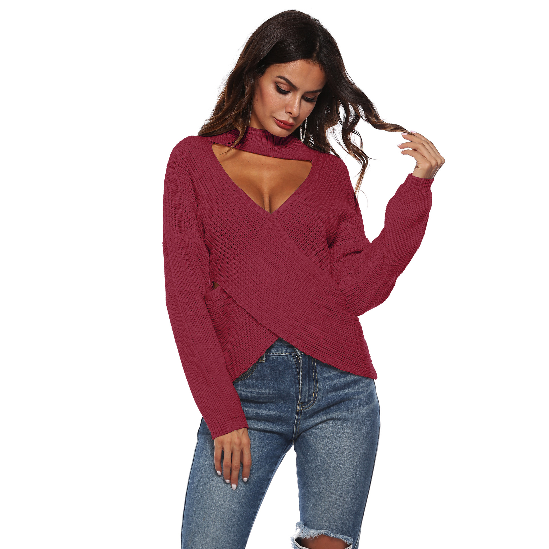 Knit Sweater Sexy Cross Front Design Long Sleeve High Neck Irregular Hem Autumn Winter Fashion Wholesale Available