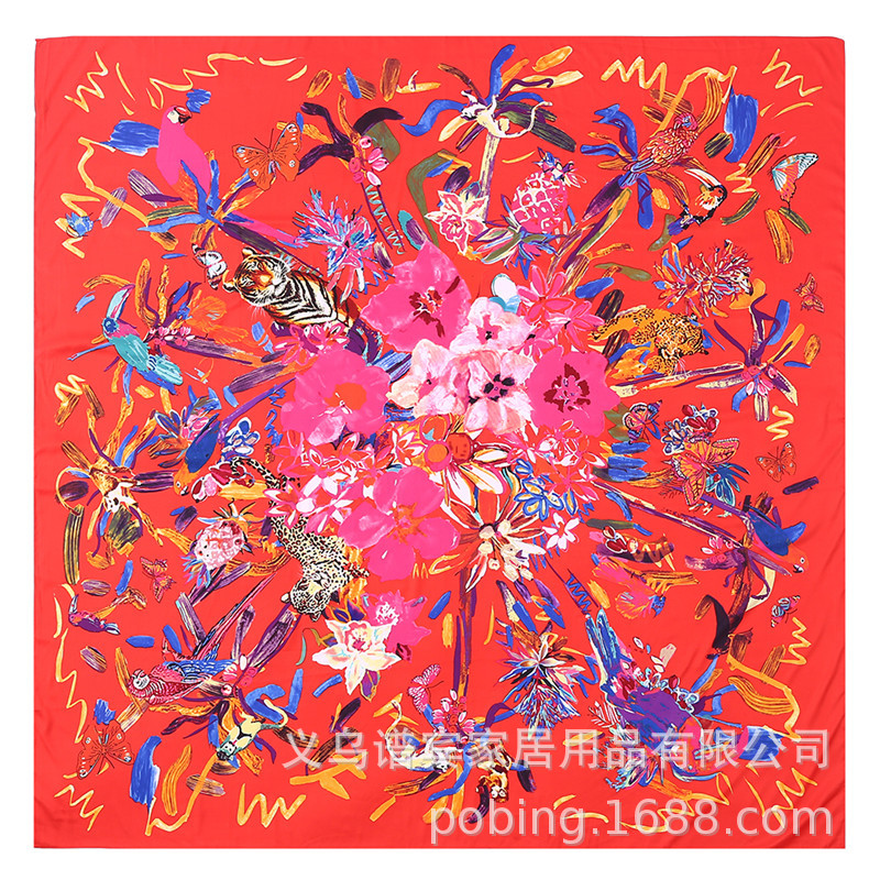 New Style 130cm Fashion Flowers Birds And Beasts Printed Silk Scarf display picture 2