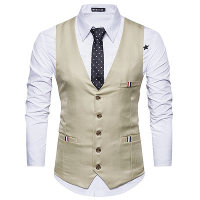 外貿新款男裝馬甲時尚個性彩色織帶裝飾多口袋男士休閑單排扣馬甲