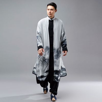 Chinese style cotton and linen men's kungfu clothing tang suit sun shirt Chiffon fake two-piece Chinese disc button robe