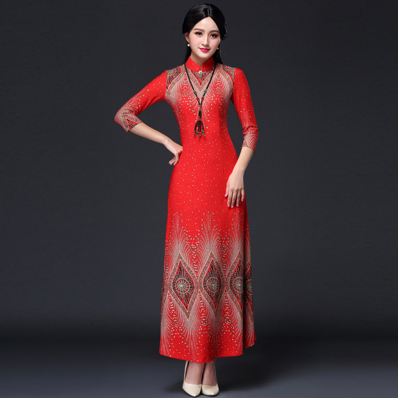 Chinese Dress Qipao for women Long sleeve national jacquard banquet Qipao skirt cheongsam