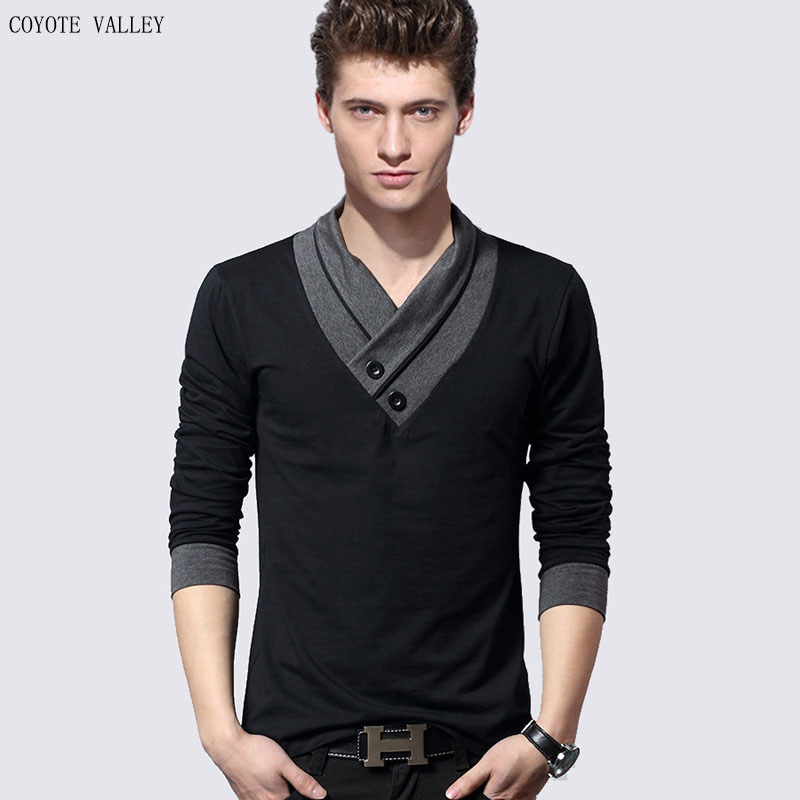 2023 spring foreign trade new men's fashion personality collar cuff color matching stitching long sleeve T-shirt casual base coat