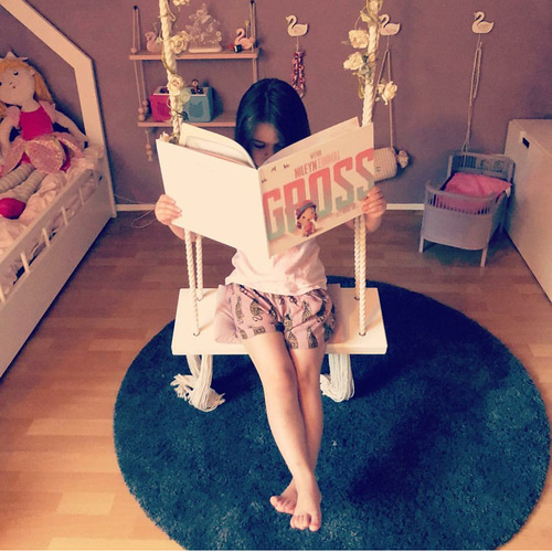 INS style children's swing hanging chair children's room decoration baby entertainment swing solid wood board sponge pad cotton rope swing