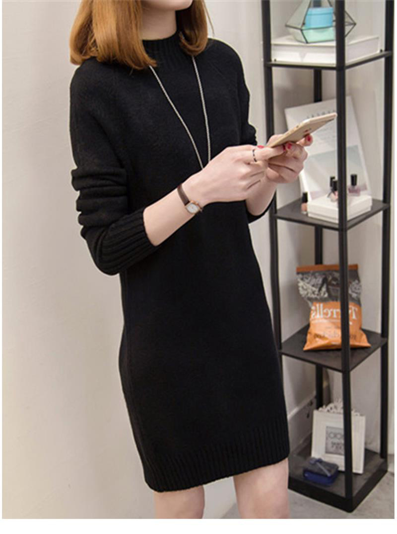 K New Women's Half-turtleneck Pullover Sweater; Loose Midi Dress; Women's Knit Dress As A Base Layer. No Necklace Or Other Accessories_voghion.com