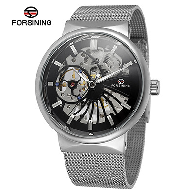 Nuevo reloj mecánico manual de la correa de acero de la moda de los hombres de FORSINING126 hueco-hacia fuera el reloj transparente del diseño para los hombres