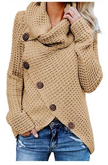 2023 suéter de manga larga europeo y americano eBay Amazon nuevo botón jersey de cuello alto color sólido suéter de las mujeres