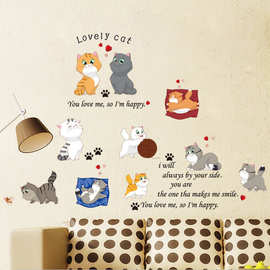 AM9160可爱猫咪玩耍儿童房客厅背景装饰贴纸透明PVC组合墙贴批发