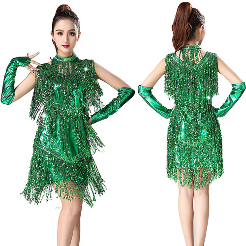 Women young girls sequined tassels Latin dance dress Sequin fringe silver gold blue green red black pink latin rumba chacha dance dress singers jazz stage performance costume