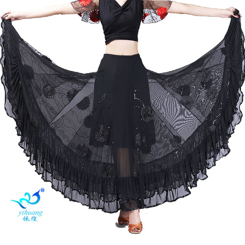 Ballroom dance skirts for women National standard dance half length big swing skirt modern dance competition performance half skirt Sequin Flower Waltz Dance Skirt