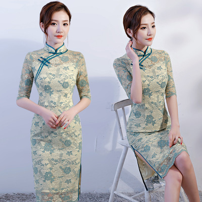 Chinese Dresses Qipao  Improved cheongsam dress 2020 new spring and summer lace medium length small fragrance girl&apos;s middle sleeve is elegant