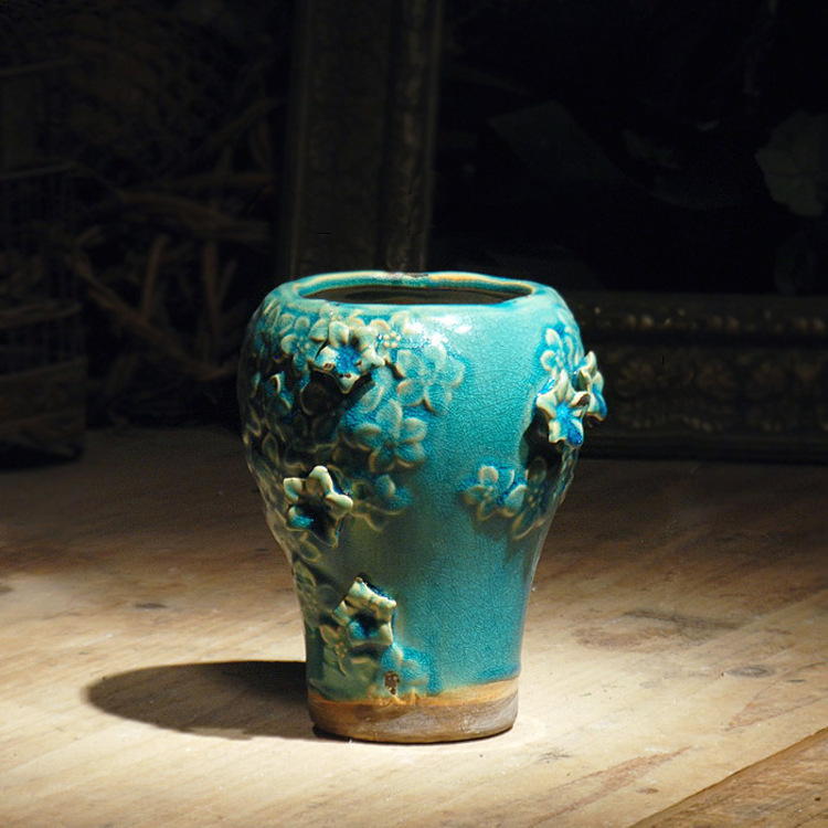 美式田园乡村浮雕花手工家居陶瓷工艺品创意花瓶厂家包邮水培花瓶 阿里巴巴