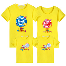 亲子装夏装三口2024新款春装拍照全家庭班服母女短袖T恤棒棒糖