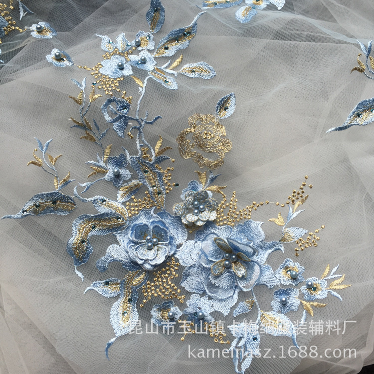 Poliéster bordado de seda macaron negro oro azul con cuentas de diamantes de imitación tridimensional encaje flor pegatinas bordado flor parche