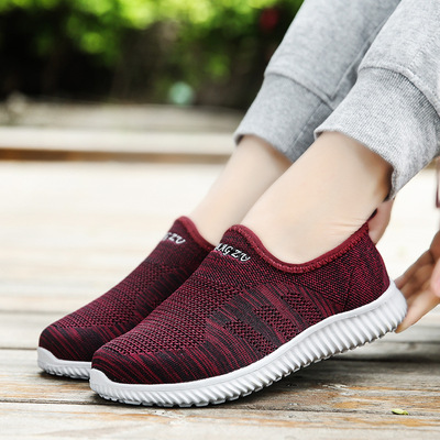 新款夏季飛織老人鞋健步鞋男女跑步鞋運動鞋媽媽鞋镂空透氣網布鞋