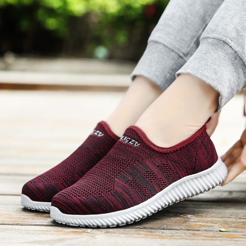 新款夏季飛織老人鞋健步鞋男女跑步鞋運動鞋媽媽鞋镂空透氣網布鞋