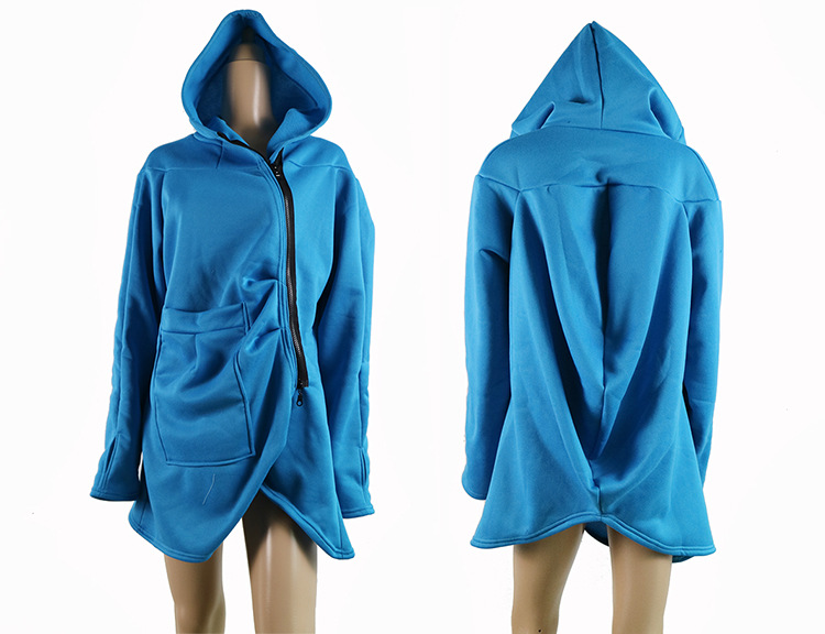 Mid Length Irregular Hooded Zipper Sweatshirt Coat Fleece Lined Multiple Colors Casual Style Wholesale Available