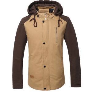 Men’s hooded color matching cotton wash slim coat casual large military jacket men