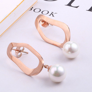 抛光打磨耳钉椭圆珍珠耳坠女生玫瑰金耳饰几何形耳环厂家批发