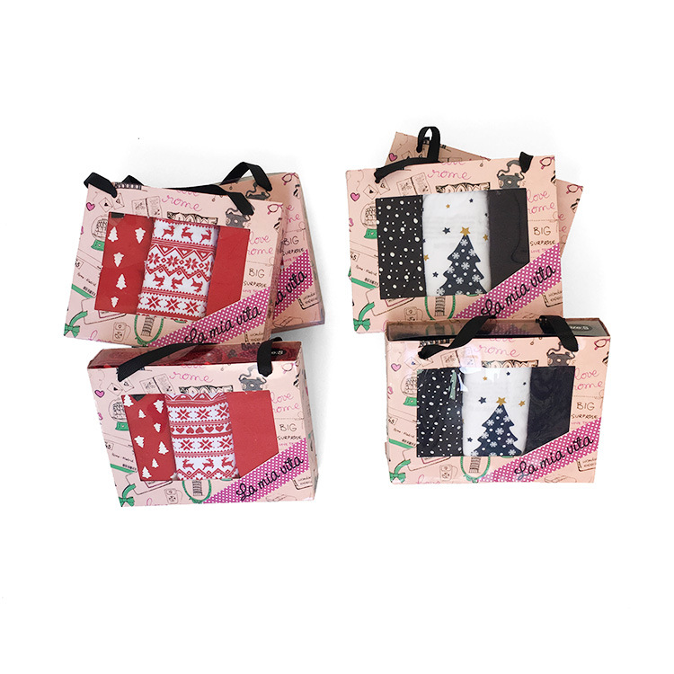 外貿原單女士包臀平角褲純棉低腰波褲3條裝聖誕印花款德國單