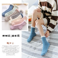 Autumn/Winter New Japanese Pure Color Coral Fleece Mid-Calf Women's Socks with Lace Ribbed Half Fleece Thicker Floor Socks