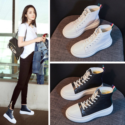 歐洲站2018秋冬新款厚底小白鞋休閑高幫鞋系帶短靴女馬丁靴潮