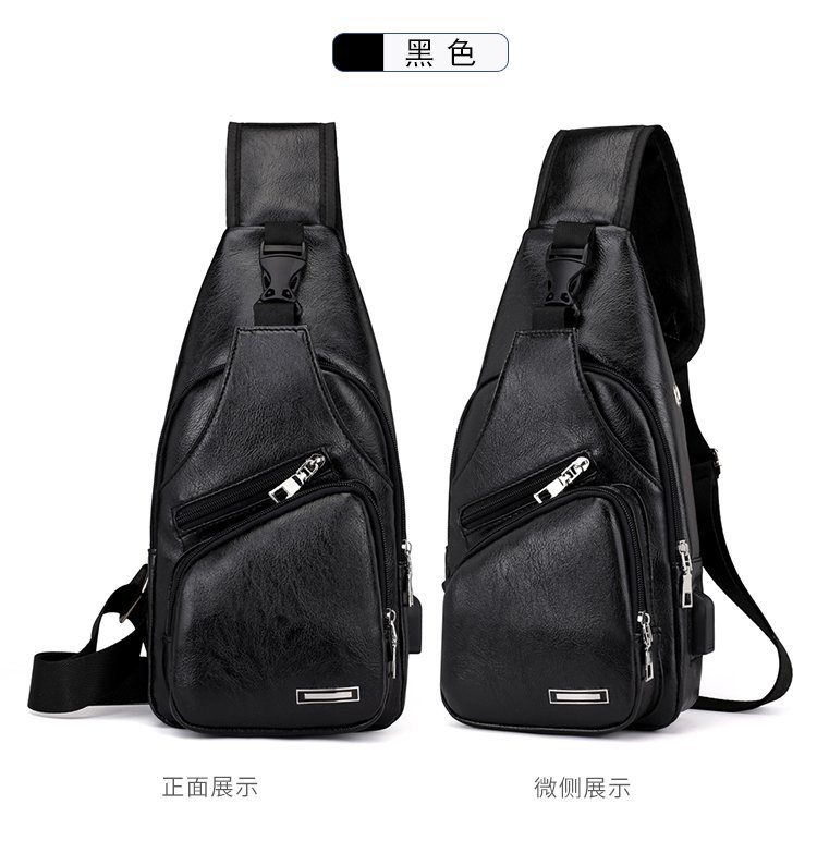 Cross -border explosion USB men's chest bag portable charging casual mesengers outdoor sports PU chest bag