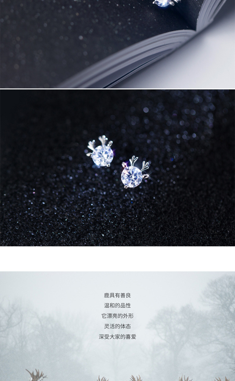 Korean version simple single diamond small elk earrings antler earrings cute temperament Christmas ear jewelrypicture3