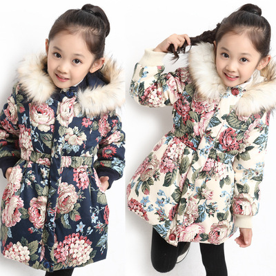 Foreign trade Children's clothing girl cotton-padded clothes Mid length version children Broken flowers Cotton CUHK Flower Plush thickening cotton-padded jacket winter