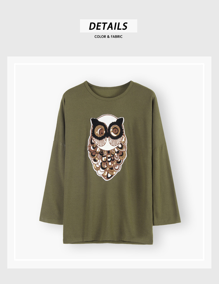 round neck bat sleeve owl sequined top NSJR17181