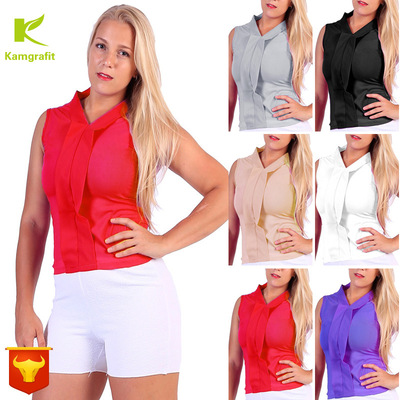 速卖通亚马逊夏季糖果色V领无袖大码雪纺衫衬衫女百搭套头衫上衣