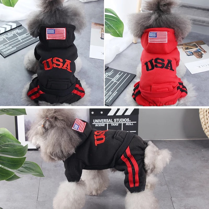 【厂家】USA宠物四脚衣狗狗春冬装连带帽衣服泰迪斗牛比熊犬保暖