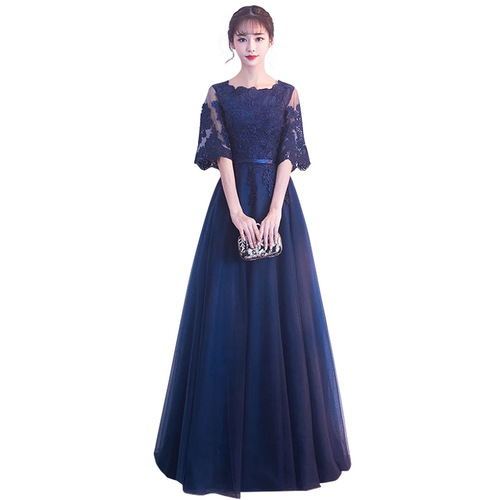 Navy lace evening dresses for women female  Annual party banquet model show dress banquet elegant party host slim long dress