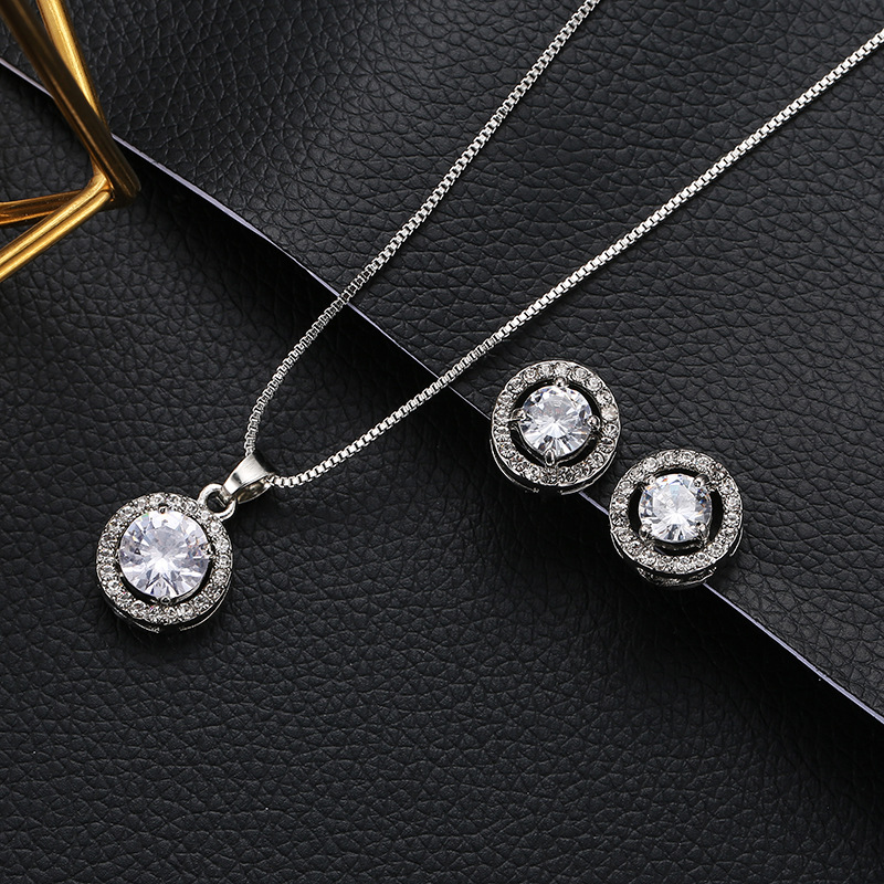 new jewelry fashion temperament necklace earrings two-piece geometric round zircon suit earrings pen