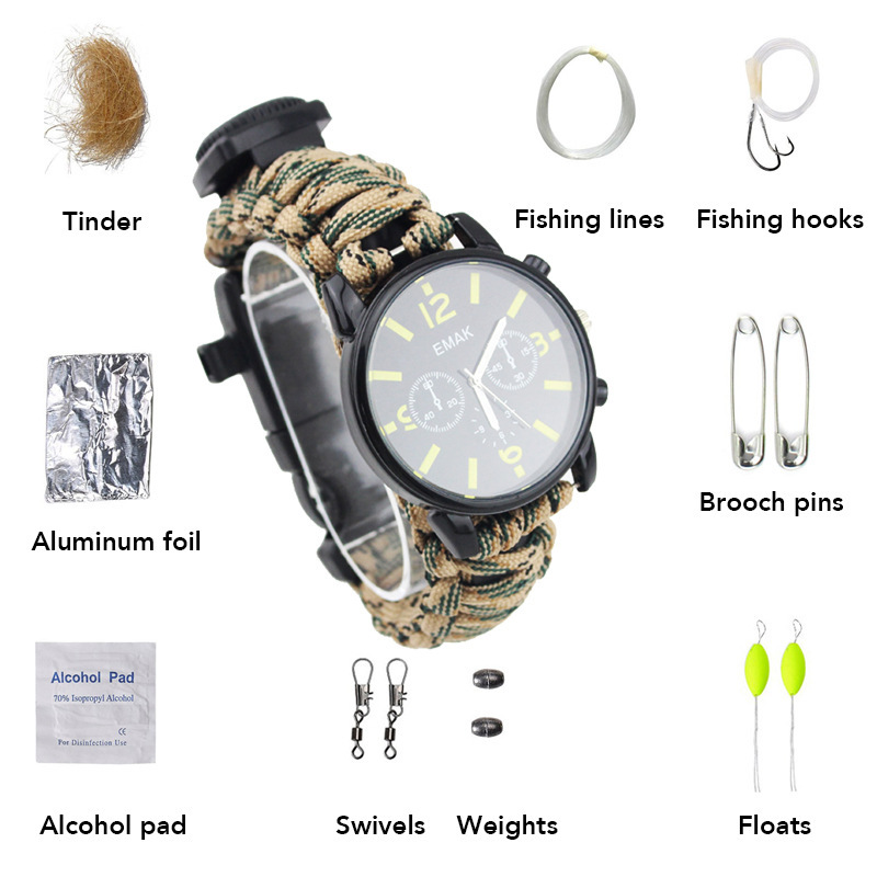 Field Camouflage Outdoor Sports Men's Watch Paracord Braided Compass Thermometer Life-Saving Mechanical Military Watch