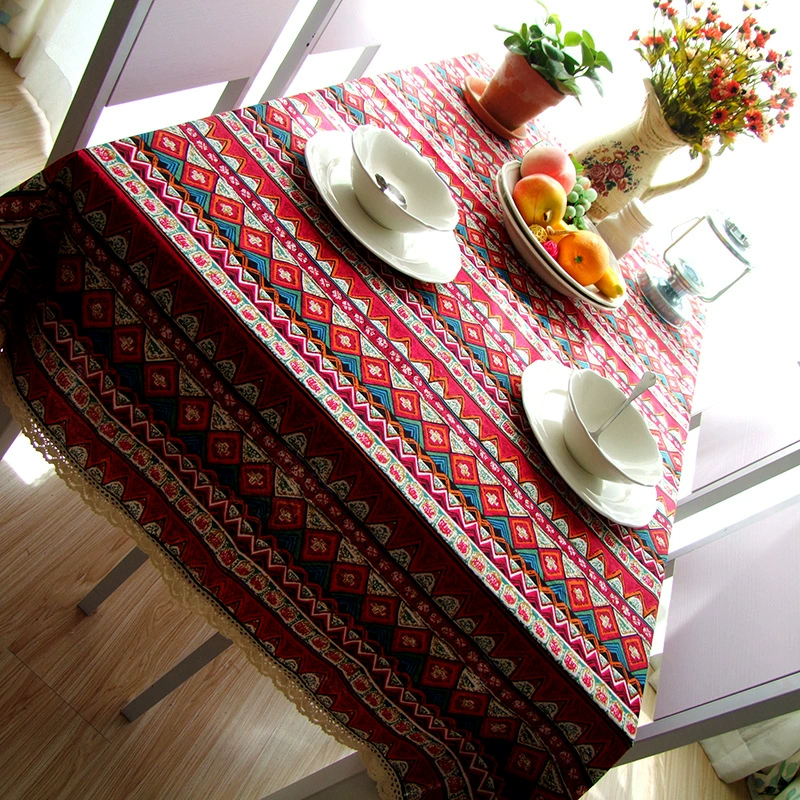 Rectangular cotton‑linen tablecloth, boho ethnic print, high‑density canvas, sizes up to 140×220 cm