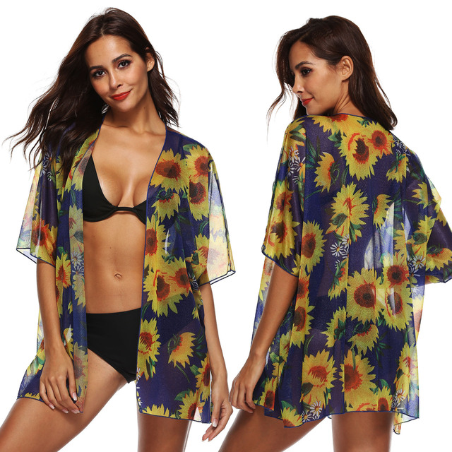 sunflower print sunscreen cardigan Chiffon bikini beach blouse 