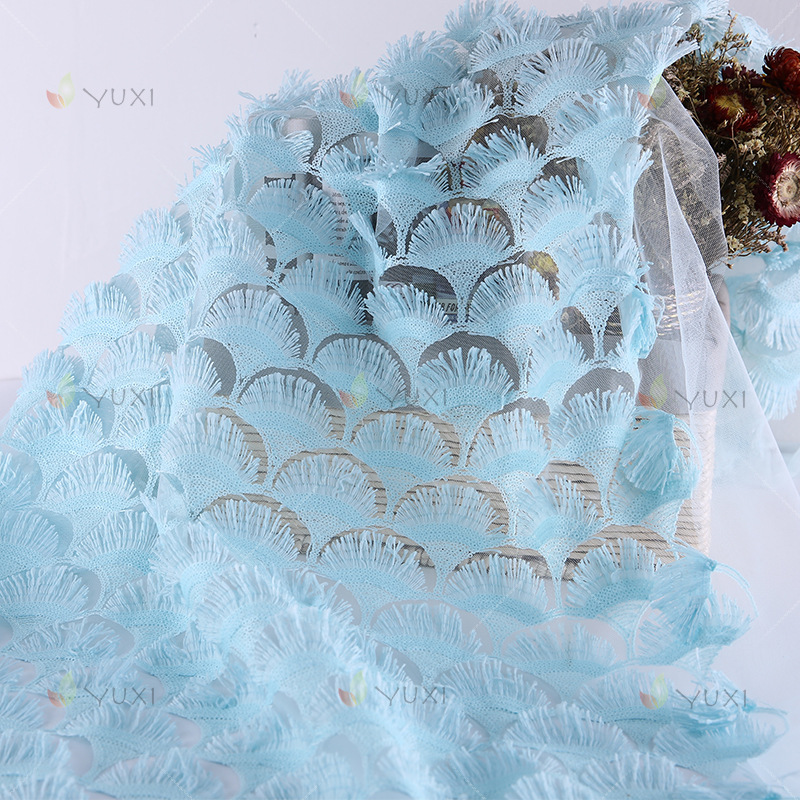 新款珠片绣花布 女装连衣裙羽毛绣花面料 流苏扇子蕾丝亮片布料