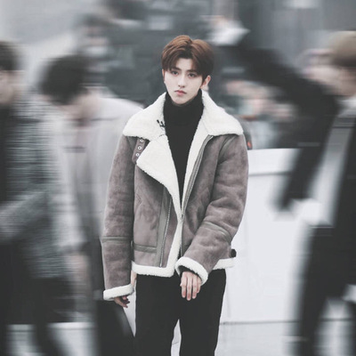 Xu Kun Same item grey Fanmao Suede Lambswool Inside Stand collar Korean Edition Jacket coat lovers Winter models