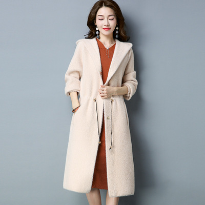 秋冬新款韩版长款水貂绒大衣女 百搭收腰连帽针织毛呢外套M5713
