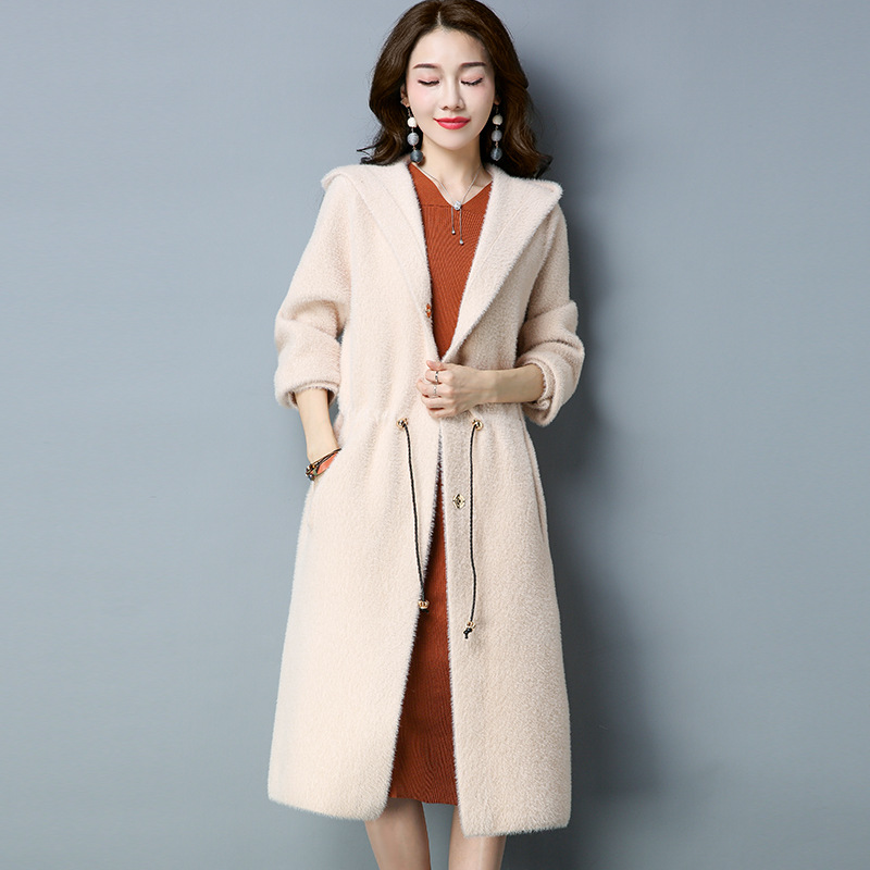 秋冬新款韩版长款水貂绒大衣女 百搭收腰连帽针织毛呢外套M5713