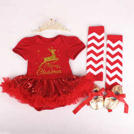 2021圣诞节欧美新生红色婴儿连衣裙哈衣裙四件套亮片卡通节日装扮
