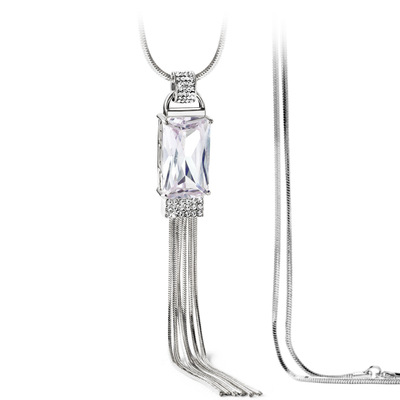 韩版水晶毛衣链批发 项链时尚新款方钻流苏长款晶项链女饰品|ru