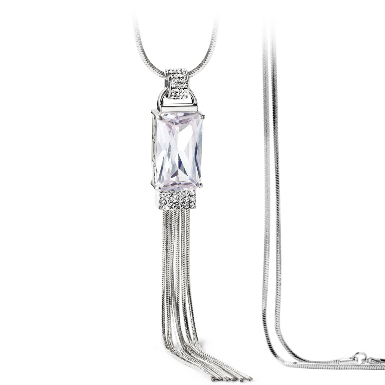 韩版水晶毛衣链批发 项链时尚新款方钻流苏长款晶项链女饰品|ru