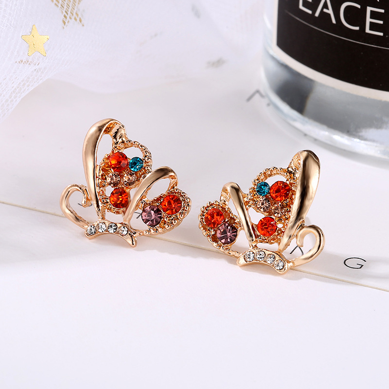 New Fashion Inlaid Colorful Diamond Butterfly Earrings Full Of Diamond Hollow Butterfly Earrings Wholesale Nihaojewelry display picture 4