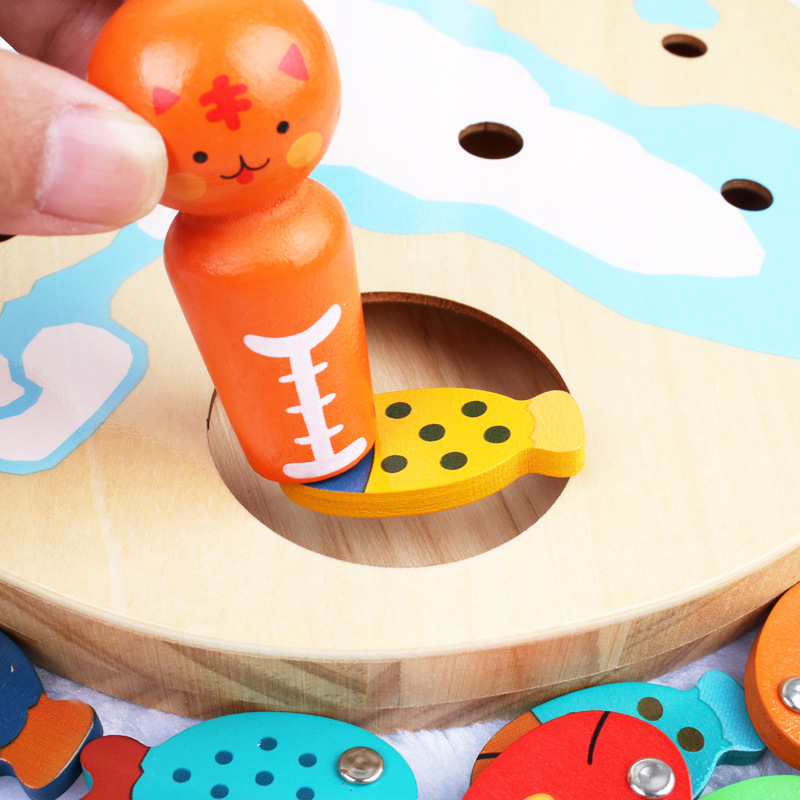 Children's family, cat and fish game, baby scratching and fishing table, Montessori early childhood education, puzzle wooden toys