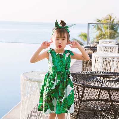 女童连衣裙背心裙欧美名媛儿童夏装中小童印花公主裙子送发箍绿色