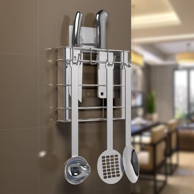 刀架不锈钢免打孔多功能厨房置物架 强力无痕粘贴刀勺收纳壁挂架|ms